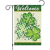 Wodison St Patricks Day Garden Flag 12x18 Inch Double Sided Outside, Lucky Shamrocks Clovers Welcome Burlap Holiday Yard Outdoor Flag