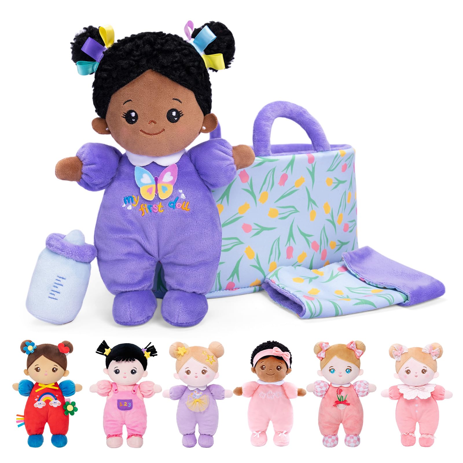 OUOZZZ Baby Soft Doll with Carrying Case and Doll Accessories Purple, 25cm African Soft Rag Doll Cuddly Doll for Children from 3 Months - Baby Gift for Birth Girls Boys โ image 1