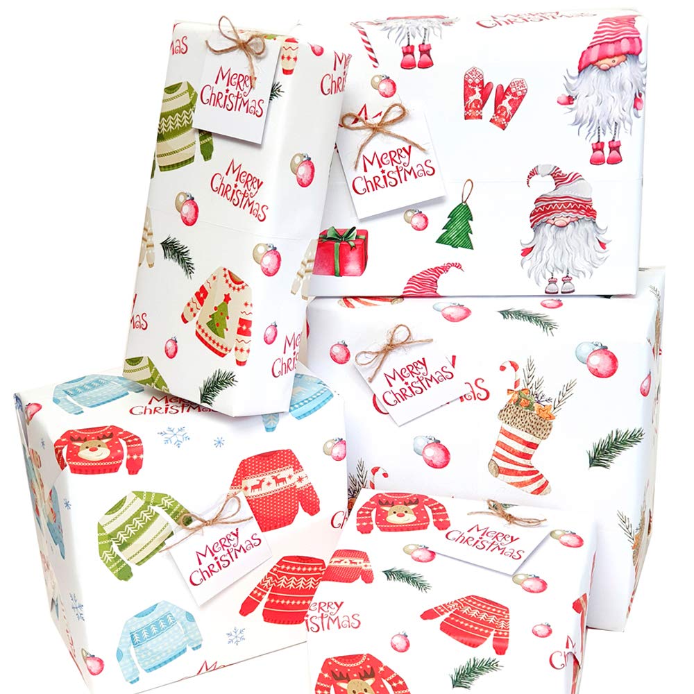 Christmas Wrapping Paper 10 Pack with 10 Gift Tags Christmas Wrapping Presents Gonks, Jumpers Stockings & Scandinavian Gnomes (50cmx70cm)