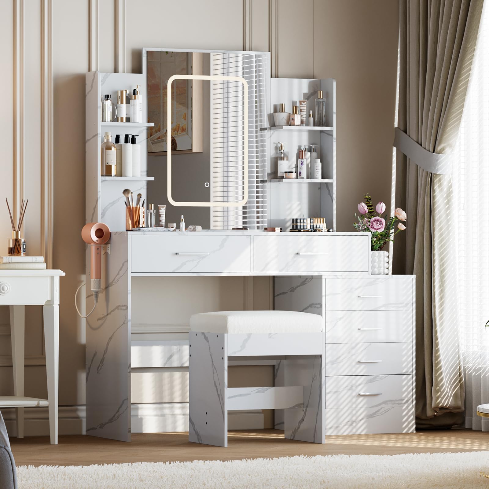 Photo 1 of GarveeHome Vanity Desk with Mirror and Lights, Makeup Vanity Set with 6 Drawers and Shelves, White Vanity with Charging Station, Vanity with Stool & 3 Lighting Color Adjustable