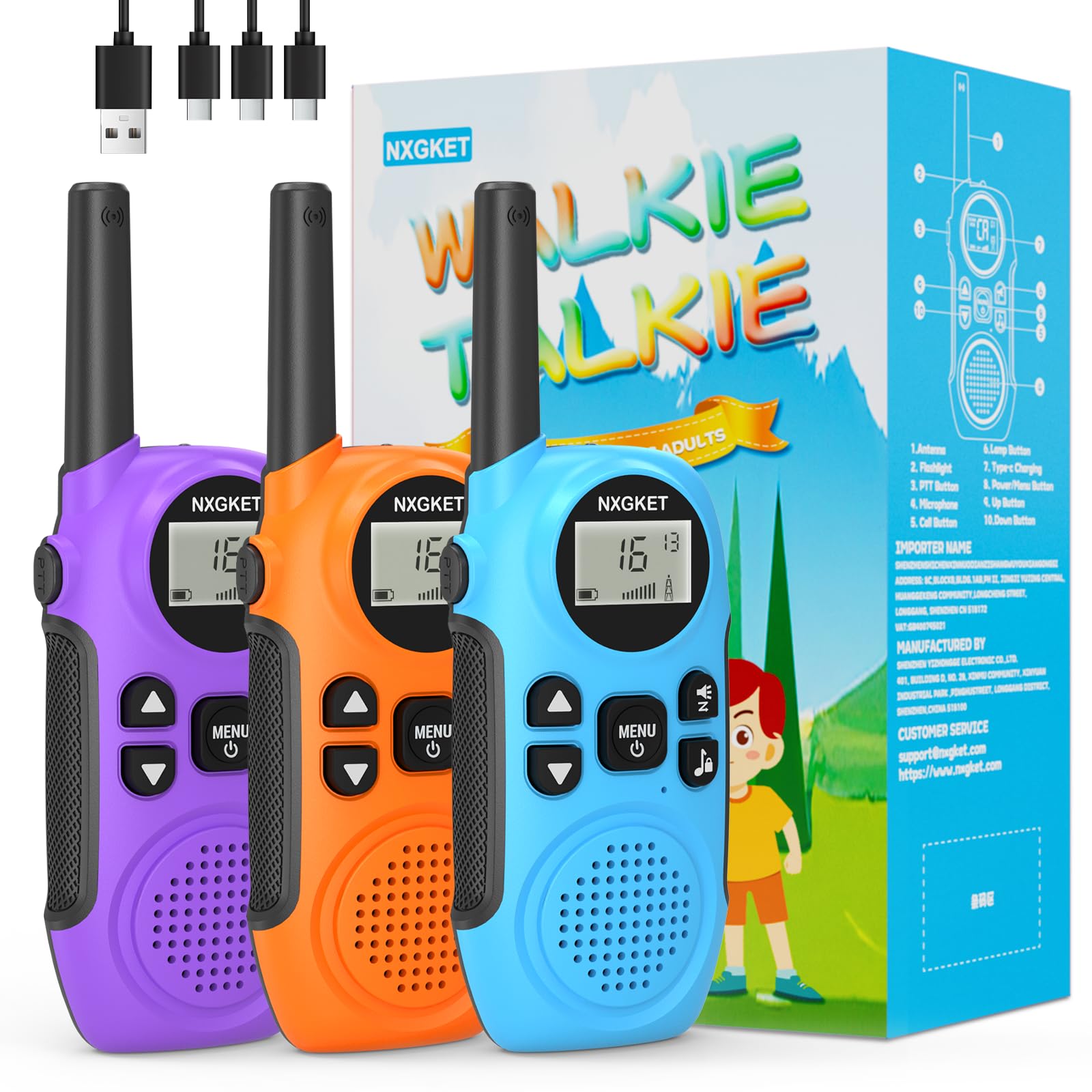 NXGKET Walkie Talkies for Kids Rechargeable - Toys for 3-12 Year Old Boys Girls, 3KM Long Range Walkie Talkie with LED Flashlight, VOX Hands-Free, 1200mAh Battery, Kids Toys For Outdoor Camping，3-Pack