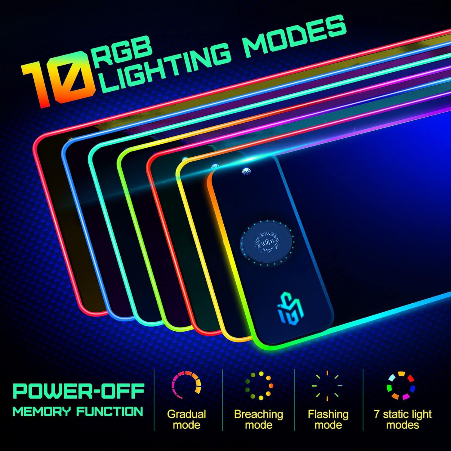 RGB Gaming Mauspad 15W Qi Mousepad LED, 10 Beleuchtungsmodi mit 15W Schnellladung Qi Kabelloses Laden für I-Phone Handy, Kopfhörer, Wasserdicht, rutschfest für Gaming, Schreibtische, PC und Büro 3
