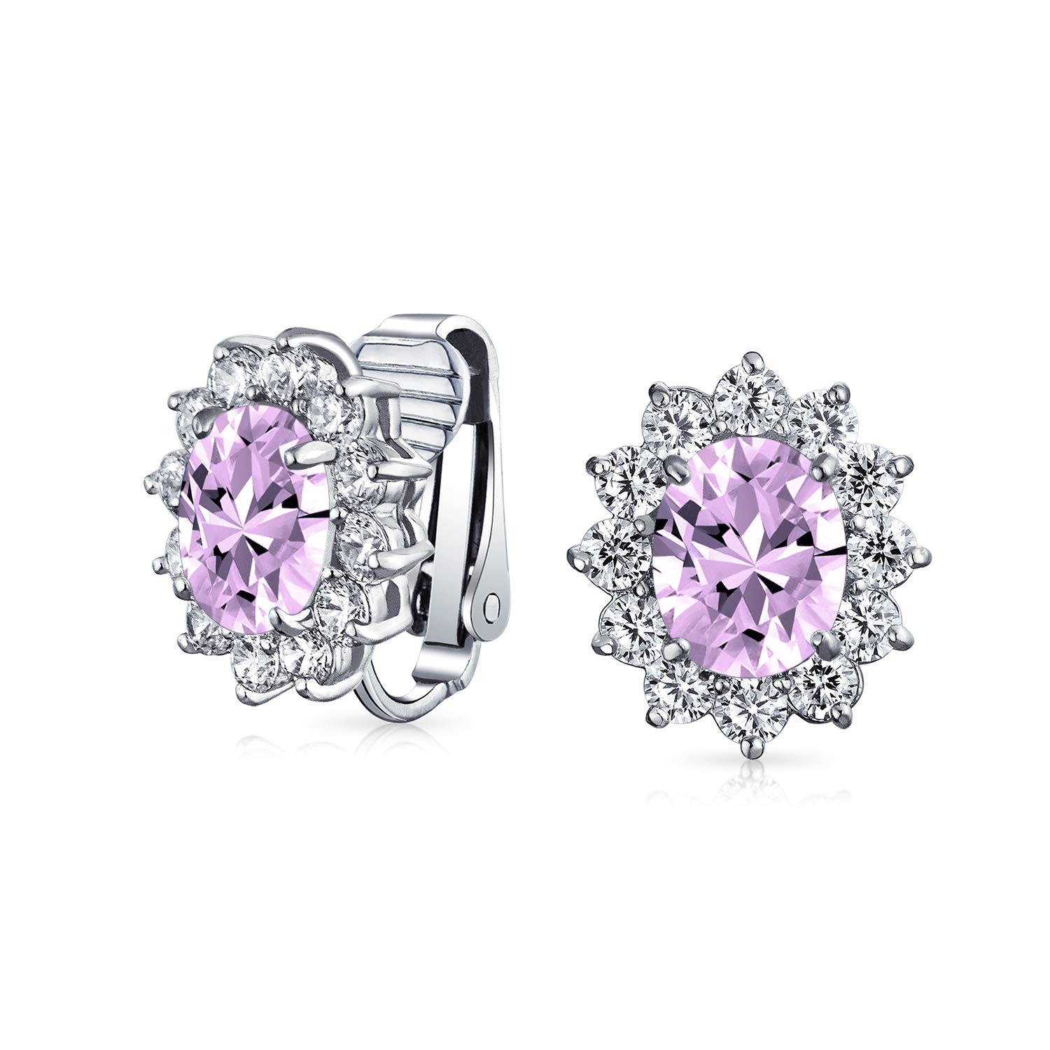 Fashion Formal Holiday Party Bridal Oval Simulated Alexandrite Lavender Cubic Zirconia Halo Crown AAA CZ Stud Clip On Earrings For Women Wedding Non Pierced Ear Silver Plated