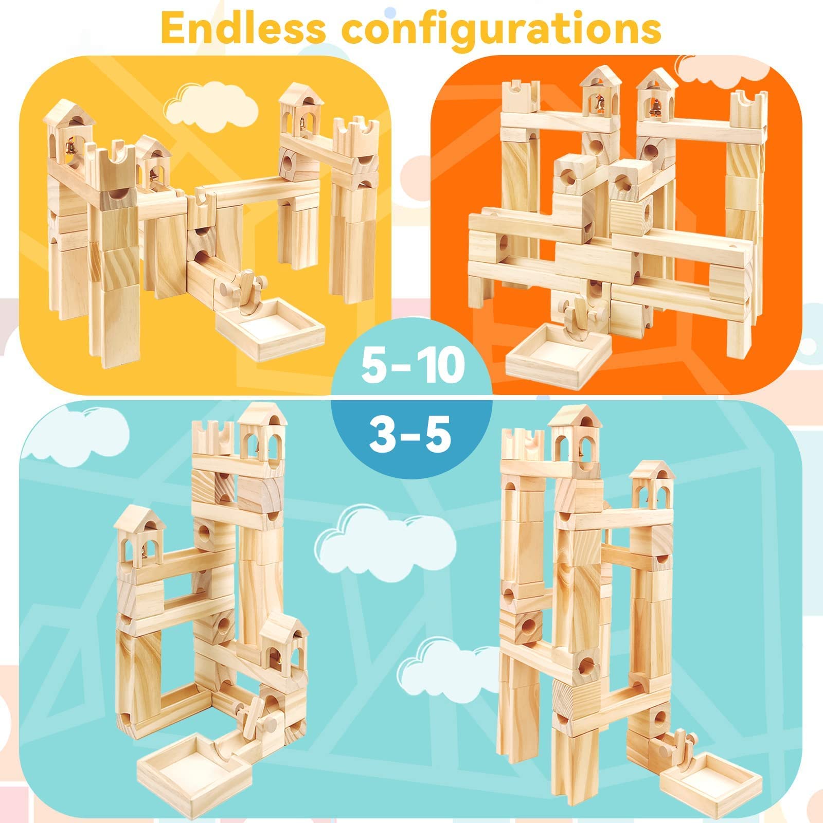 Wooden Marble Run for Kids Ages 4-8, 65 Pieces Wood Building Blocks Toys and Construction Play Set, Marble Track Maze Game STEM Learning Toys for Boys Girls (Natural Color Blocks)