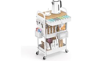 ALVOROG Rolling Cart with Drawer and Wood Table Top, 3 Tier Metal Rolling Utility Cart on Wheels with DIY Pegboards, Hanging Baskets, Hooks for Kitchen, Bedroom, Office, Craft Supplies