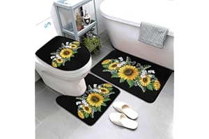 Jbofyee Sunflowers Wild Flowers 3 Piece Bathroom Rugs Set, Bath Mat + Contour Mat + Toilet Seat Cover, Non-Slip Soft Microfiber Bathmat for Tub Shower Room Decor, Machine Washable