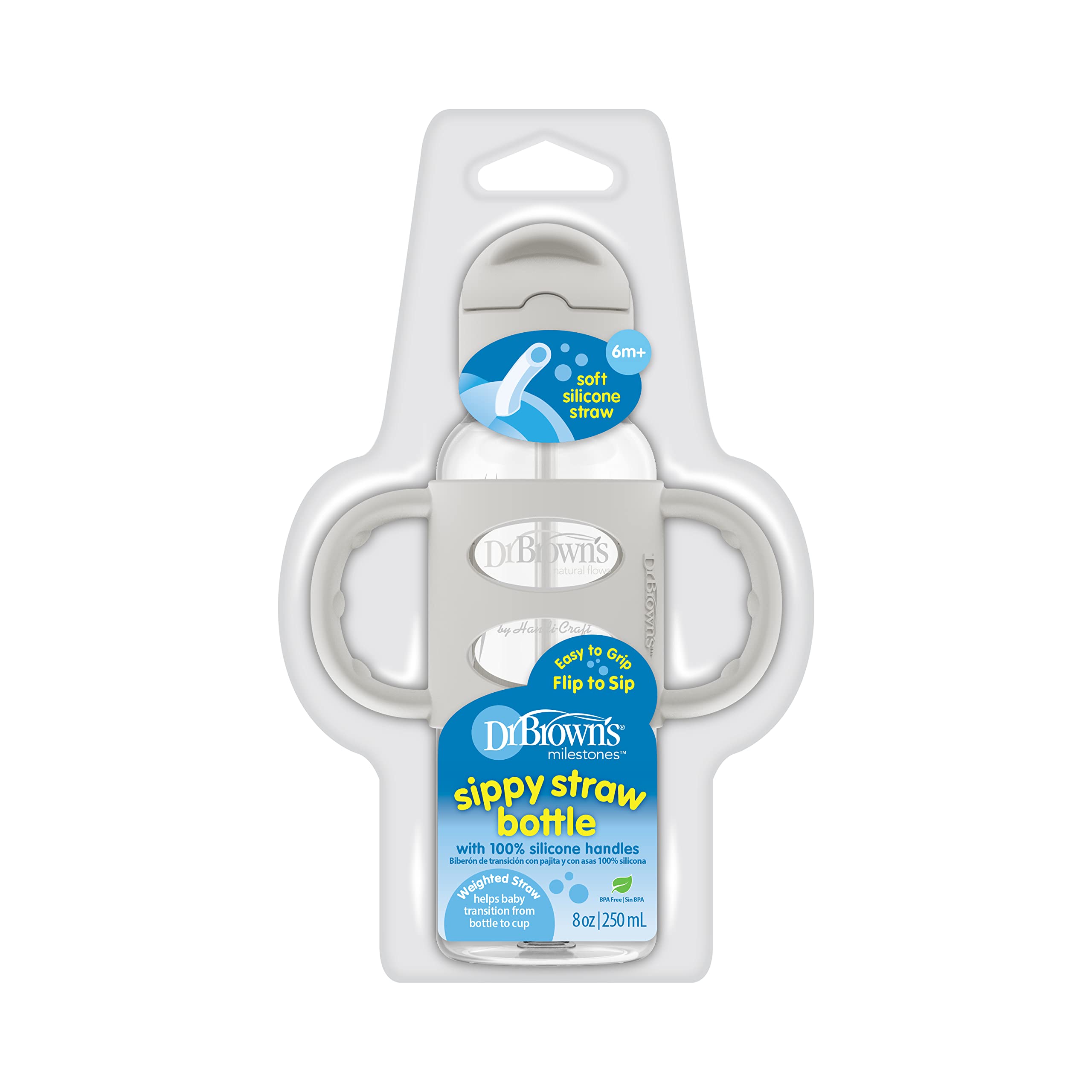 Dr. Brown's Milestones Narrow Sippy Straw Bottle, Spill-Proof with 100% Silicone Handles and Weighted Straw, 8 oz/250 mL, Gray, 6m+