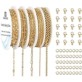 UMAOKANG 5 Rolls 39.4 Feet Gold Plated Stainless Steel Chains for Jewelry Making Dainty Jewelry Making Chains Bulk with Jewelry Findings