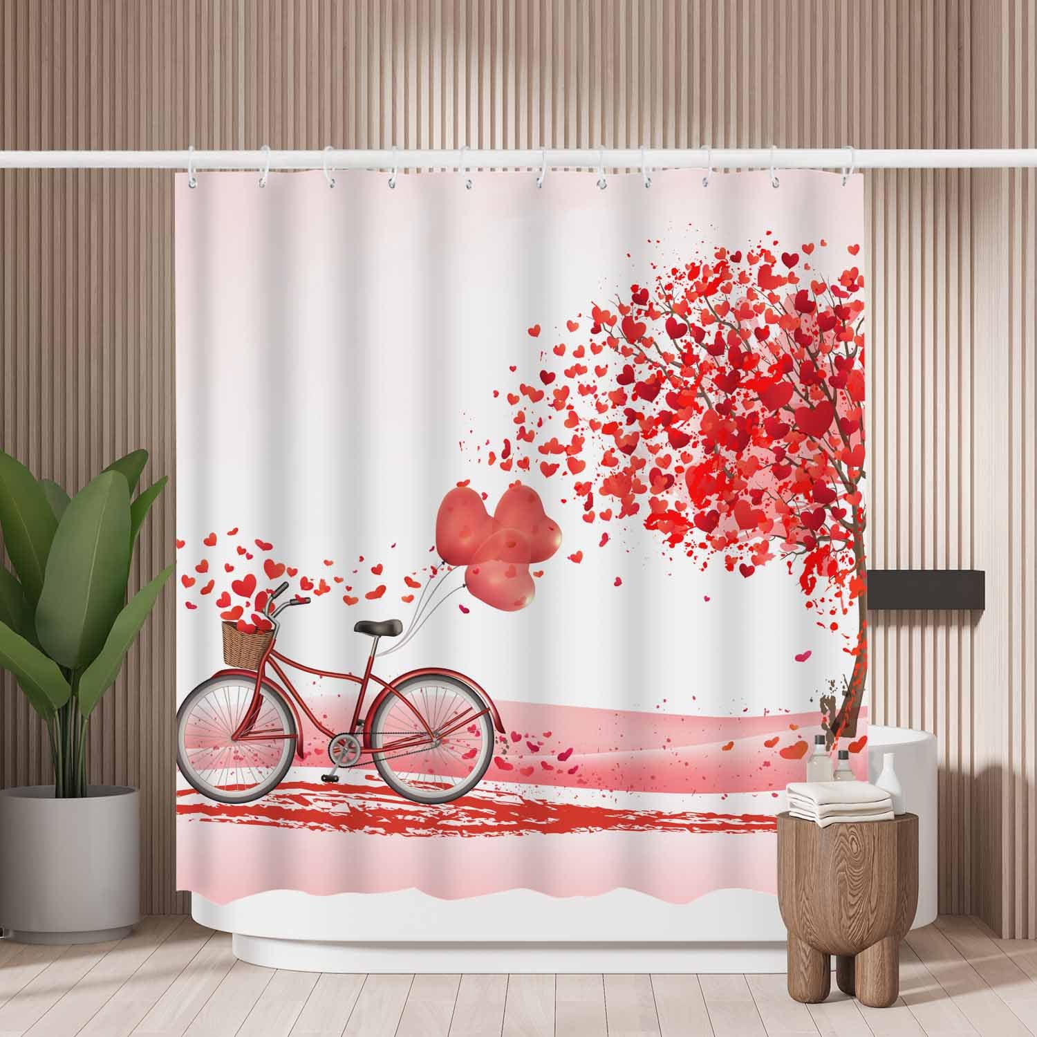 Woutay Shower Curtain Water Repellant Fabric Heart Tree Bicycle Balloons,Mould Proof Resistant,Polyester,with 12 Plastic Hooks