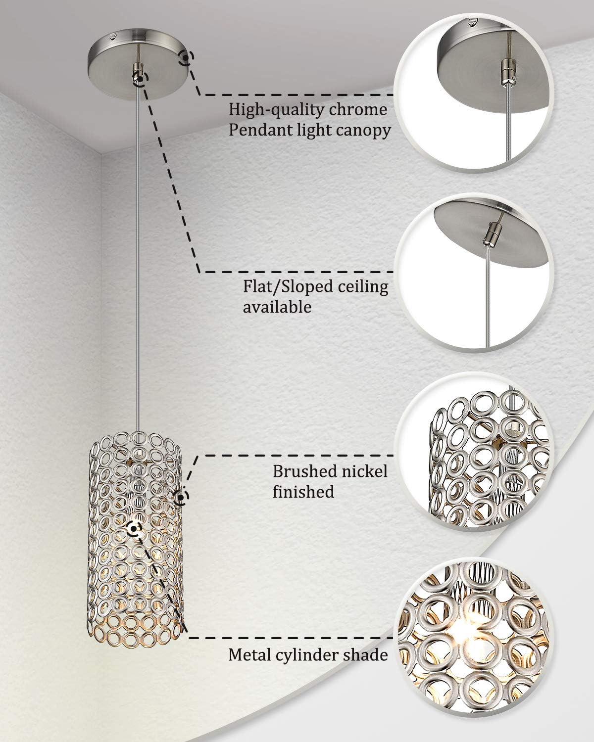 Ken & Ricky Industrial Pendant Lights Fixture, 2 Pack Metal Pendant Lighting, Hanging Ceiling Light Fixture with Brushed Nickel Finish for Kitchen Island Farmhouse - - 