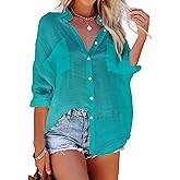 Bsubseach Button Down Swim Cover Up Shirt Sexy Long Sleeve Beach Blouse Bathing Suit Cover Ups for Women