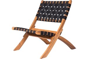 PATIO SENSE Balkene Home 62774 Sava Indoor Outdoor Folding Chair Low Slung Portable Seating Solid Acacia Wood Woven Seat & Back Indoors Porch Lawn Garden Fishing Sporting - Black Webbing