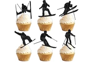 18pcs Black Glitter Silhouette Skiing Player Cupcake Topper Winter Sport Skiing Theme Decor Supplies Men Women Happy Birthday