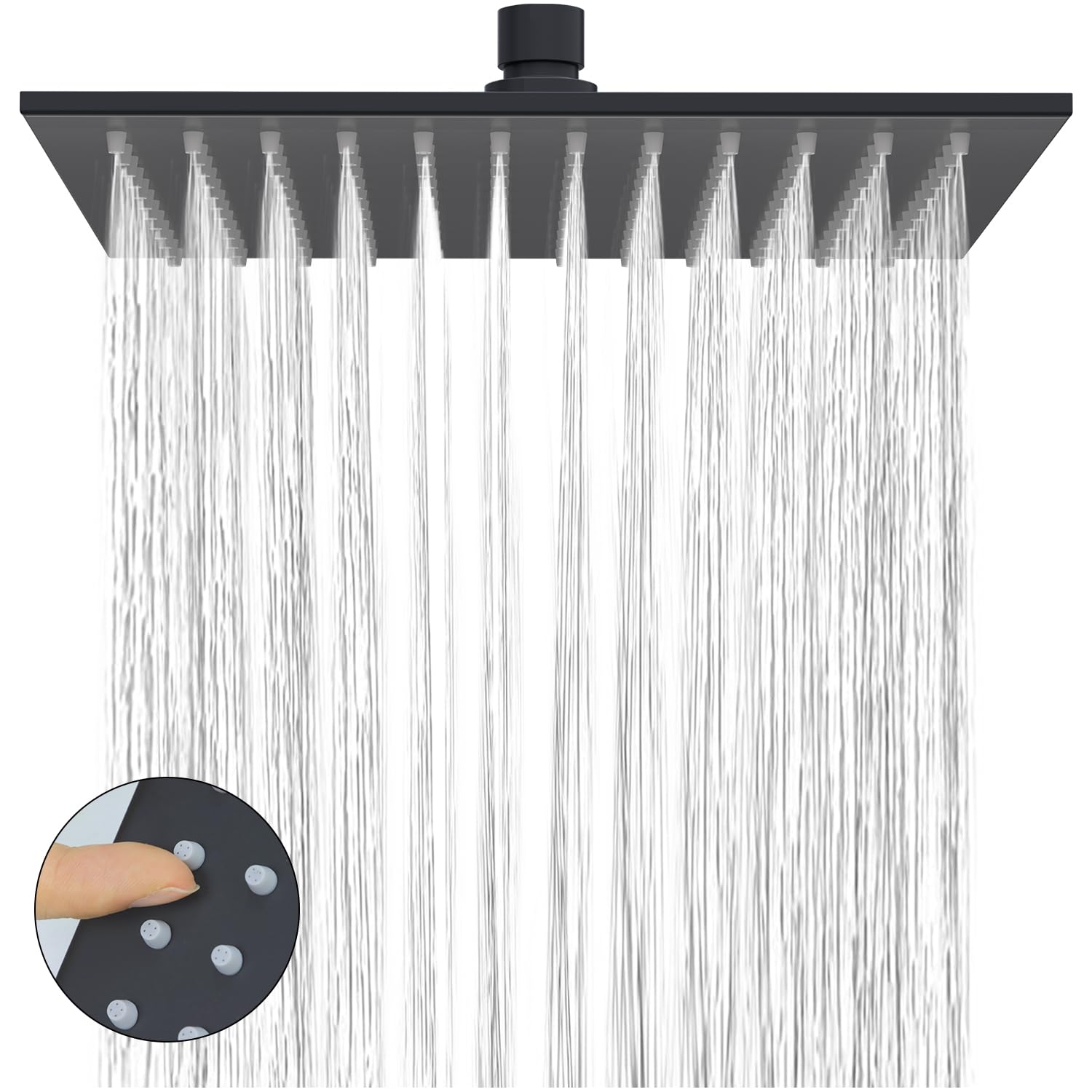 Delnet 10-Inch(25.4CM) Fixed Rain Shower Head, with Angle Adjustment, High-Pressure Square Rainfall Shower, 304 Stainless Steel Replacement Shower Head, Matte Black
