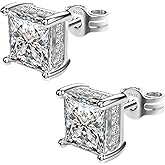 TATCAI 18K White Gold Plated Sterling Silver Princess Cut Square Cubic Zirconia Stud Earrings for Women Men Clear CZ Diamond Stud Earrings