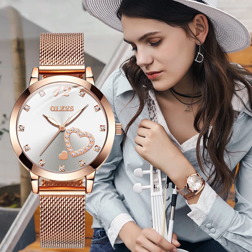 OLEVS Women's Rose Gold Watches Heart Diamond Japanese Quartz Movement Ladies Wristwatch Big Face Waterproof Mesh Belt Watch and Bracelet Set, Rose gold band and White dial, casual watch for women