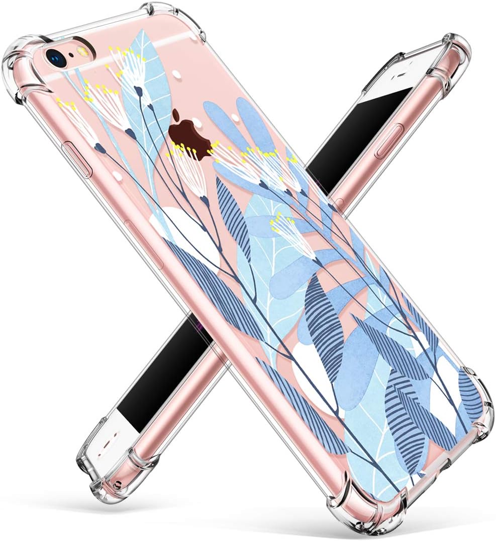 GVIEWIN Compatible for iPhone 6/6s Case, Clear Flower Pattern Design Soft & Flexible TPU Ultra-Thin Shockproof Transparent Floral Cover, Cases iPhone 6/6s (Petal/Light Blue)