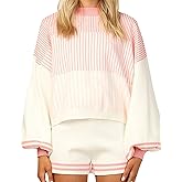 Gihuo Women' s Striped 2 Piece Outfits Crewneck Knit Pullover Sweater Shorts Set Wide Leg Matching Set Loungewear