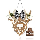 Weysat Highland Cow Decor Cow Head Wreath Sign Gifts Wooden Welcome Door Hanger for Front Door Porch Farmhouse Decor Indoor Outdoor(Wood Color)