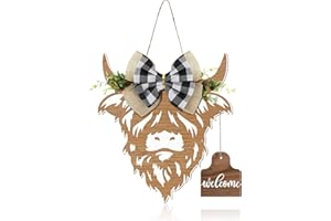 Weysat Highland Cow Decor Christmas Cow Head Wreath Sign Gifts Wooden Welcome Door Hanger for Front Door Porch Farmhouse Christmas Decor Indoor Outdoor(Wood Color)