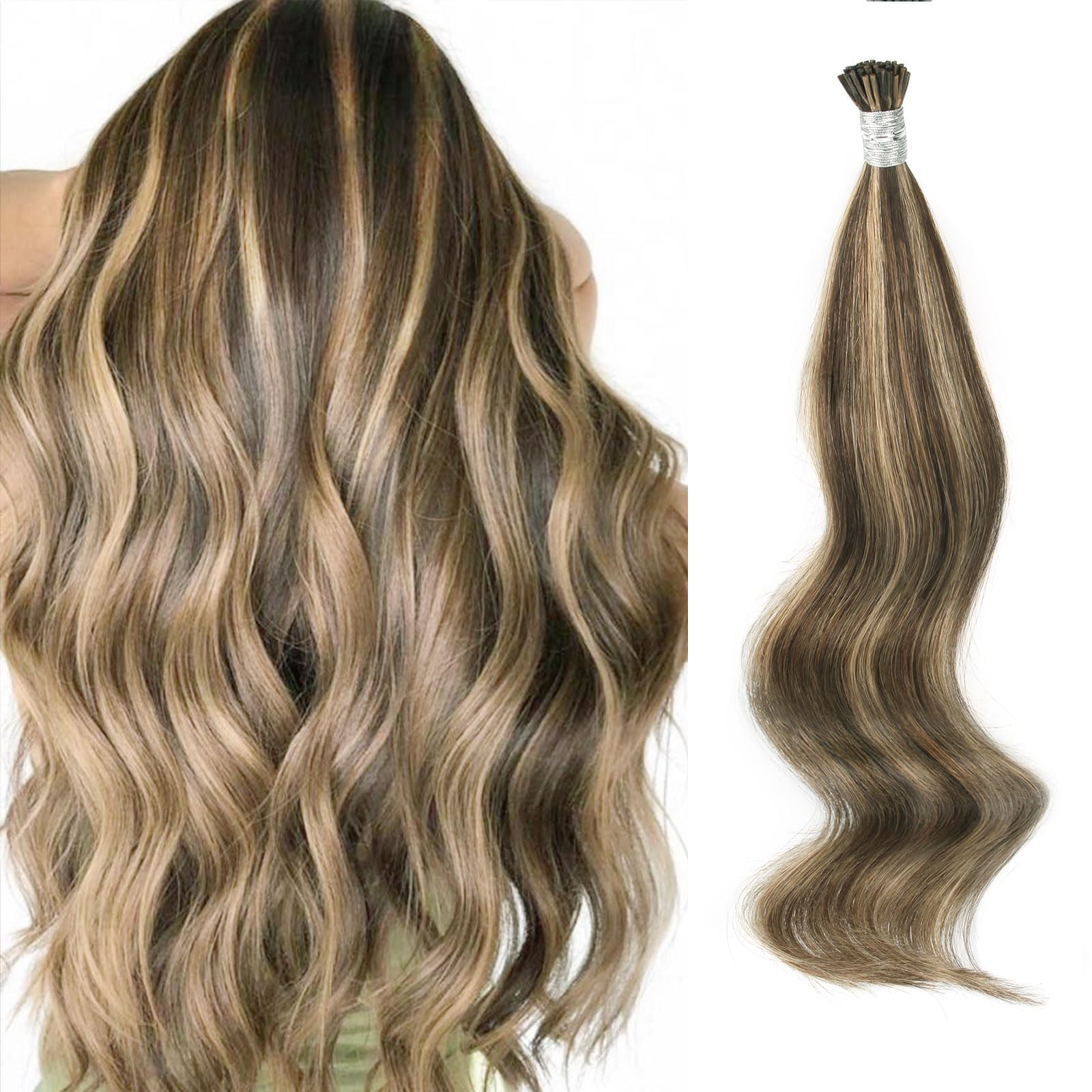 ABH AmazingBeauty Hair I Tip Hair Extensions Remy Hair 24 Inch Chocolate Brown Highlighted Caramel Blonde 50Gram/50Strands I Tip Fusion Human Hair Extensions Brown Tip Human Hair Extensions โ image 1