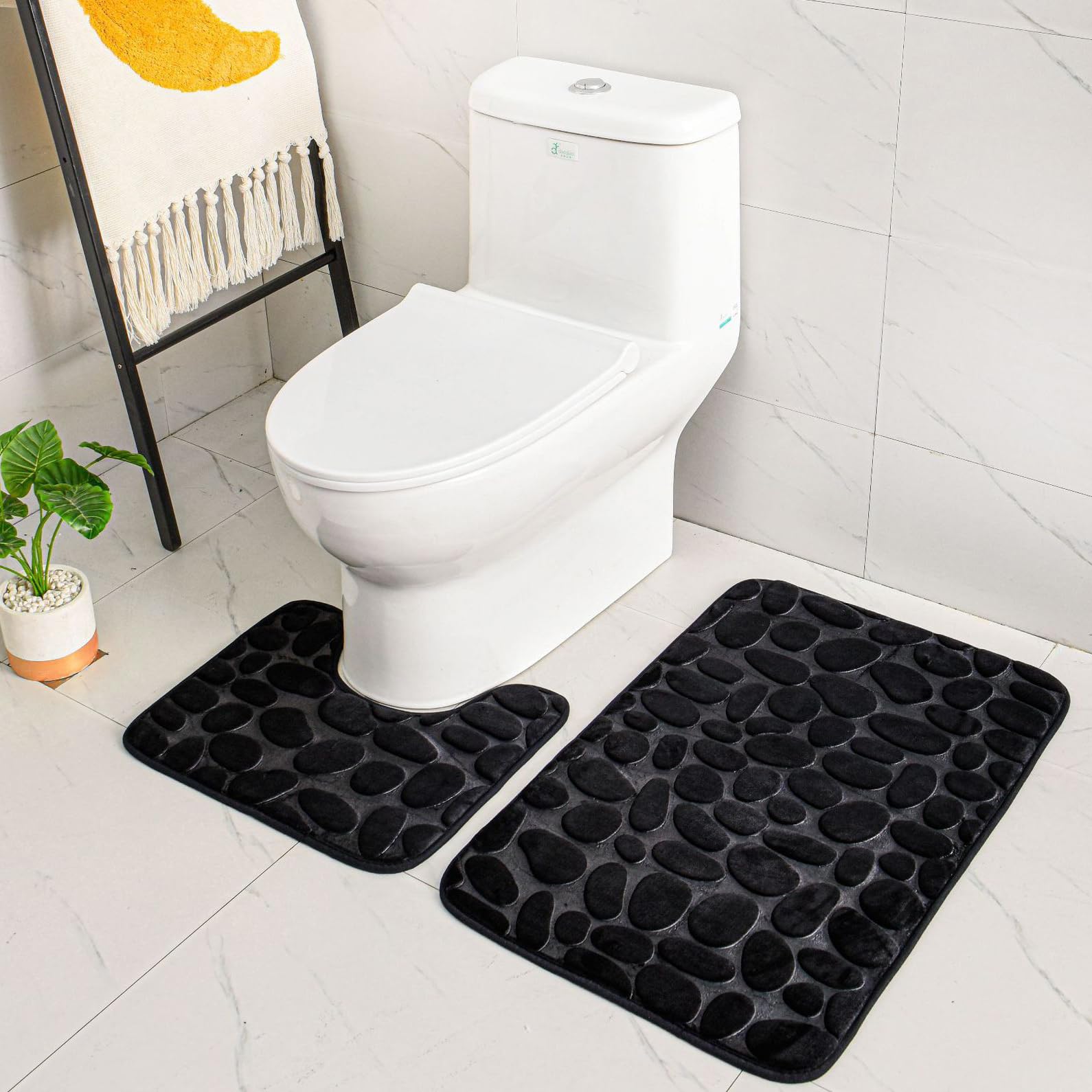 2 Piece Non Slip Pedestal Bath Mat Set, ele ELEOPTION Breathable Memory Foam Bath Mats Soft Comfortable Water Absorbent Toilet Bathroom Rug Non-Slip Pedestal Backing (Black)