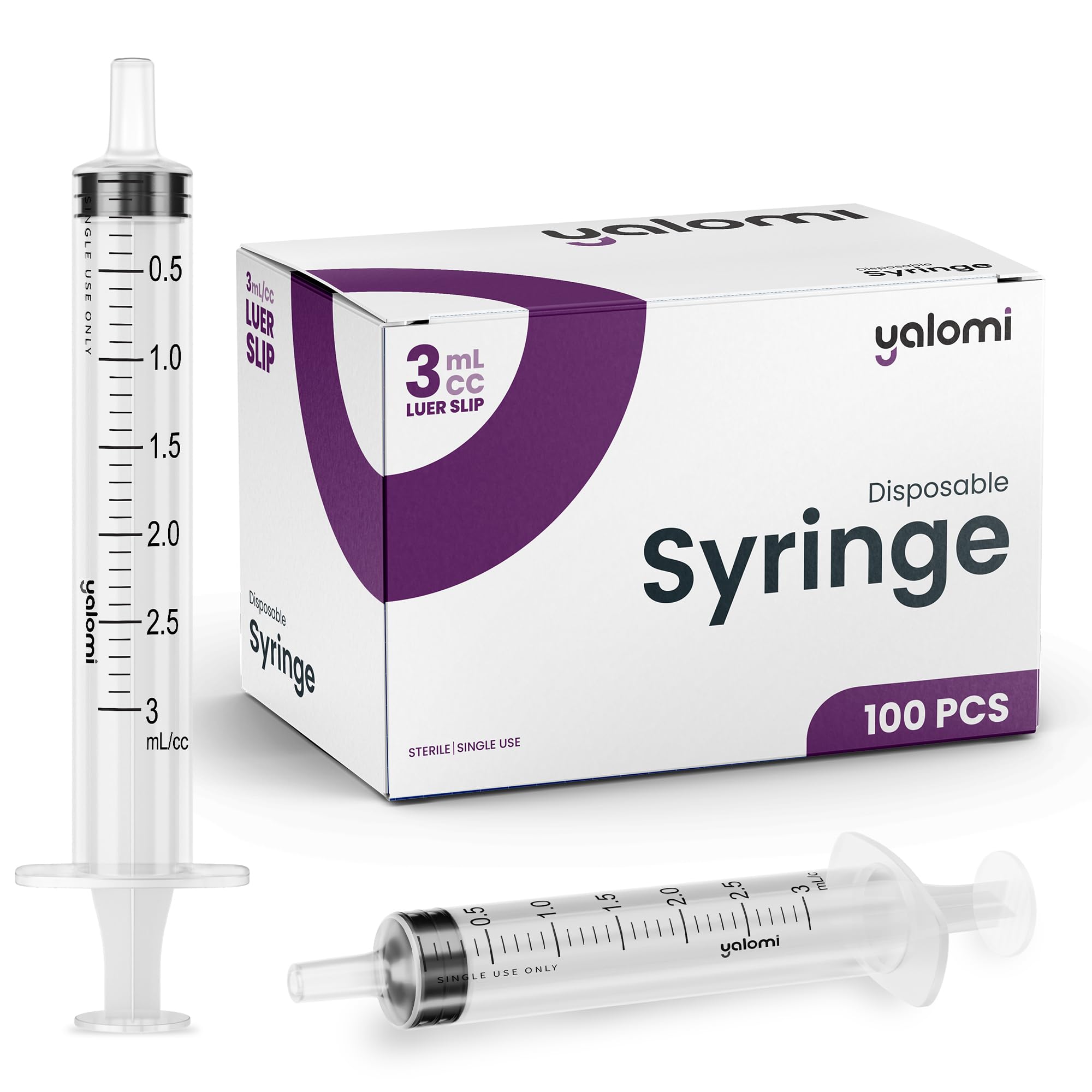 Yalomi 3mL Luer Slip Syringe (No Needle) - Sterile, Individually Wrapped - 100 Pack for Professional & Personal Use