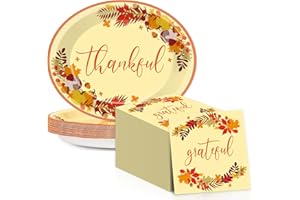 QOUBAI 50Pcs Thanksgiving Oval Paper Plates and Napkin Fall Maple Leaf Heavy Duty Paper Plate 11"Give Thanks Gold Foil Party Decoration Supplies for Autumn Carnival Dinner Tableware, 25 Guest