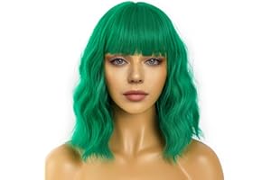 LANCAINI Short Bob Wigs with Bangs for Women Loose Wavy Wig Curly Wavy Shoulder Length Bob Synthetic Cosplay Wig for Girl Colorful Costume Wigs (Green)