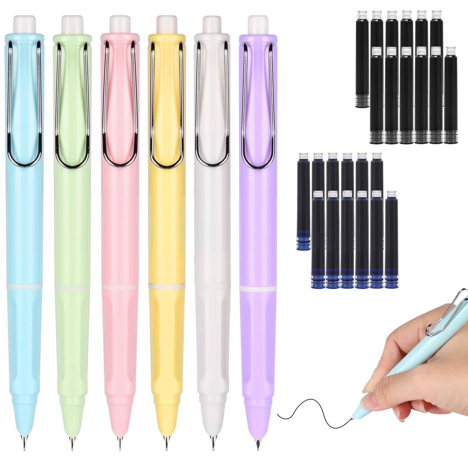 AUAUY Retractable Fountaining Pen, 6PCS Refillable Ink Writing Pens 0.38mm, Soft Non-slip Grip with 24PCS Ink Sac, Smooth Writing, Painting, School, Office