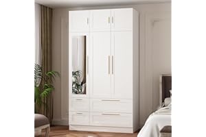 TAMUNE Wardrobe Armoire Closet with Mirror, 3 Door Wardrobe with Hanging Rod, 4 Drawers, Shelves, Modern Bedroom Armoire with Gold Handles, White Wardrobe Clothes Cabinet, 20.5”D x 47”W x 86.7”H