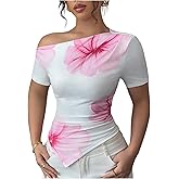 SHENHE Women's Off Shoulder Floral Shirt Ruched Asymmetrical Short Sleeve Fitted Going Out Top