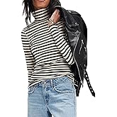 Womens Long Sleeve Rainbow Striped Turtleneck Slim Fit Blouse Shirt Y2k Cute Going Out Streetwear Tee Mock Turtle Necks Elastic Stretchy Pullover Crop Tops (Black, M)