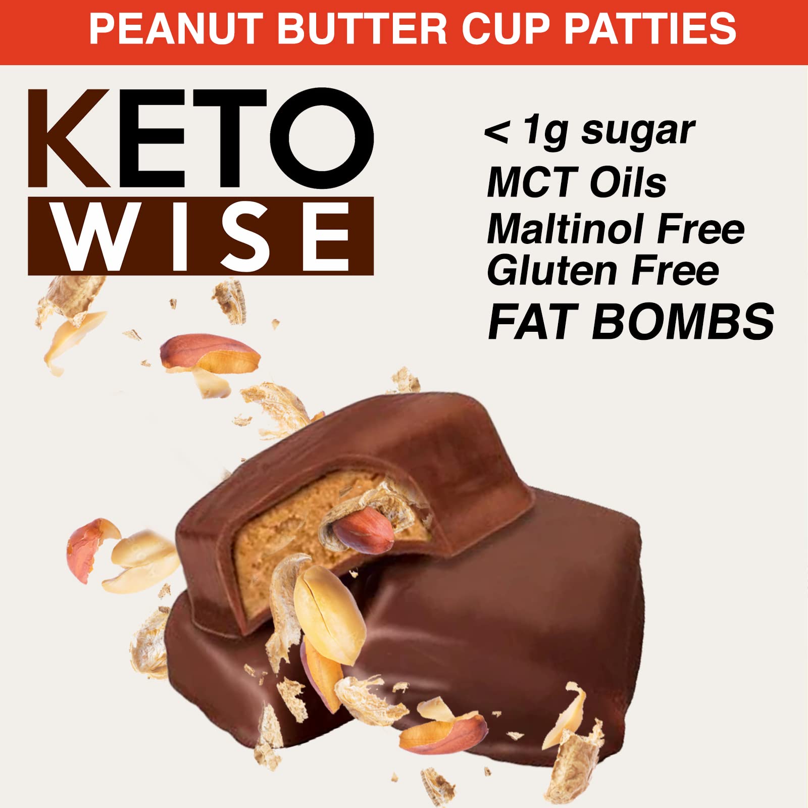 Keto Wise Fat Bombs - Made with Chocolate containing MCT Oil - Low Fat, Low Carb and Keto Friendly Snack - 10g Fat, 1g Net Carbs | Peanut Butter Cup Patties, 16 Count (Pack of 1)