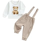 Gureui Toddler Baby Boy Fall Outfit Bear Embroidery Long Sleeve Tops Suspender Pants Infant Clothes Set
