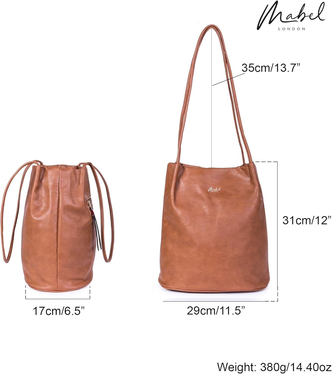 Mabel London Women's Fashion Designer Medium Size Plain Soft Vegan Leather Hobo Bucket Tote Shoulder Bag - Delilah (Light Grey) - Image 3
