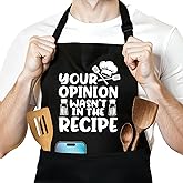 NAHMAKNE Funny Cooking Aprons Gifts - Your Opinion Wasn't in The Recipe - Men's BBQ Grilling Black Aprons with 2 Pockets, Adjustable Neck Strap - Humor Kitchen Gifts for Dad, Husband, Cooking Lovers