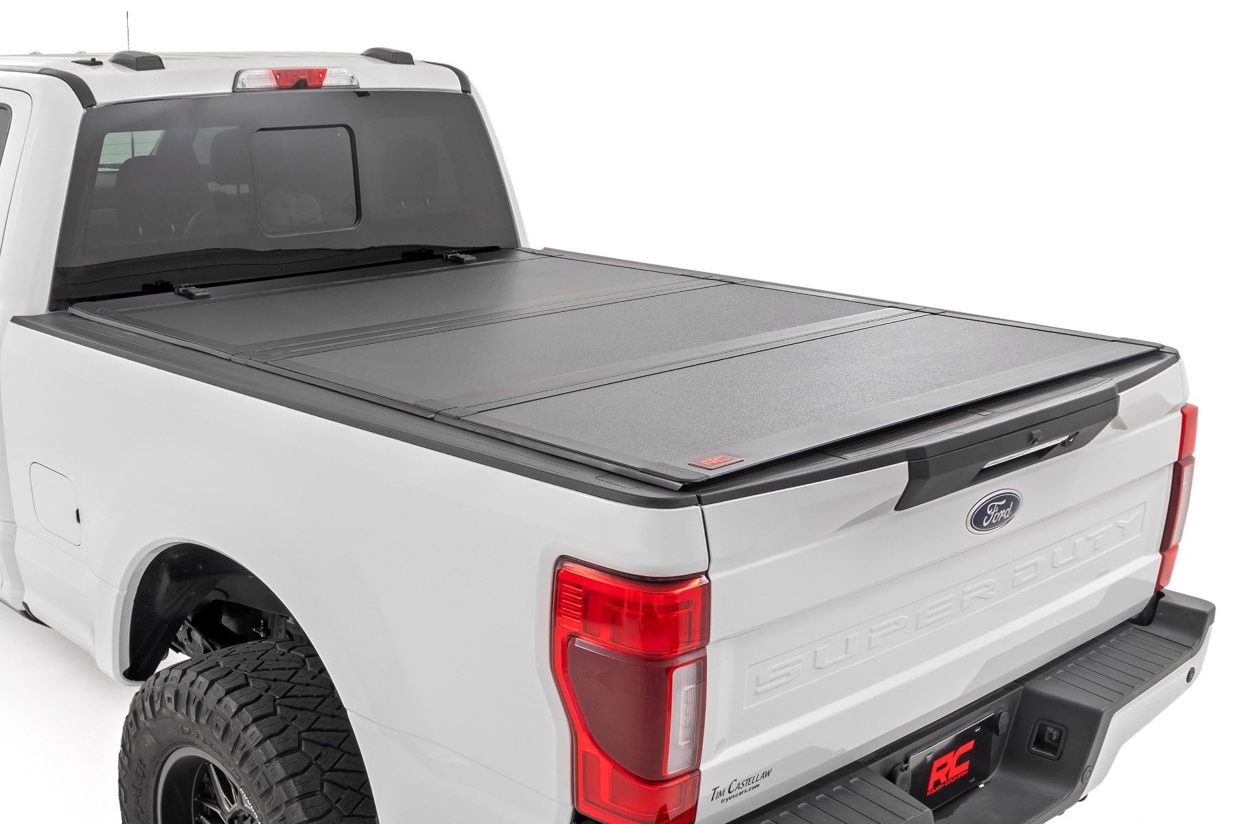 Photo 1 of Rough Country Hard Tri-Fold Truck Bed Tonneau Cover for Ford F-250 & F-350 Super Duty (2017-2026) - Aluminum Flip-Up Bed Cover, Fits 6'10 (81.9") Bed