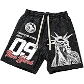 GORGLITTER Men's Letter Graphic Track Shorts Y2K Straight Leg Basketball Drawstring Acid Wash Shorts