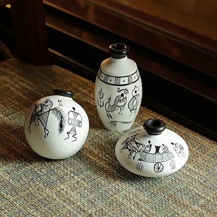 ExclusiveLane Warli Hand-Painted Terracotta Miniature Decorative Pot (9.4 cm x 9.4 cm x 8.9 cm, White, Set of 3)