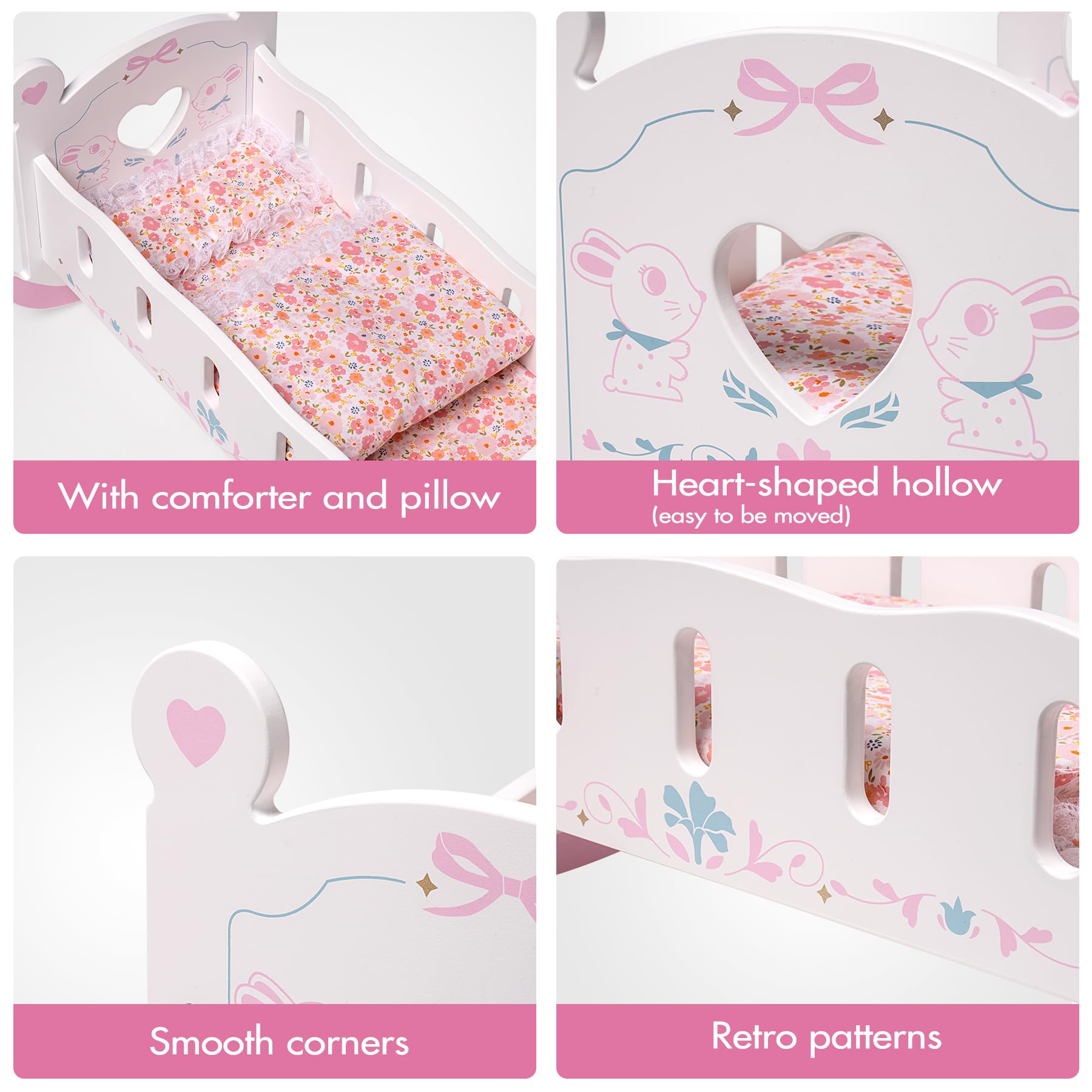 ROBUD Wooden Baby Doll Crib, Baby Doll Bed Toys, for Dolls Up to 18 Inch, Doll Accessories - with Mattress, Pillow, Quilt, Gift for Boys & Girls, Ages 3+