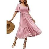 Glamaker Women's Short Sleeve Smocked Square Neck A Line Summer Flowy Maxi Long Dress