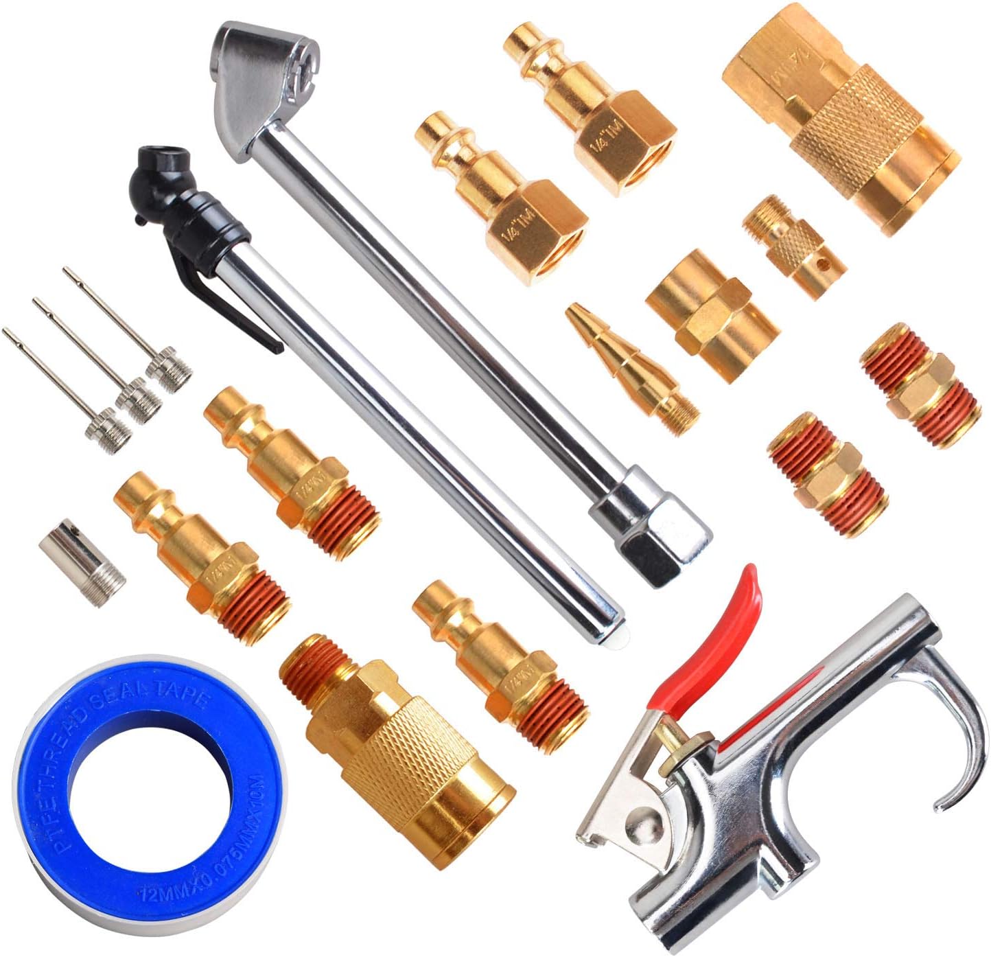 FYPower 20 Pieces 1/4" NPT Air Compressor Accessory Kit with Blow Gun, Air Chucks, Brass Fittings and Inflation Needles