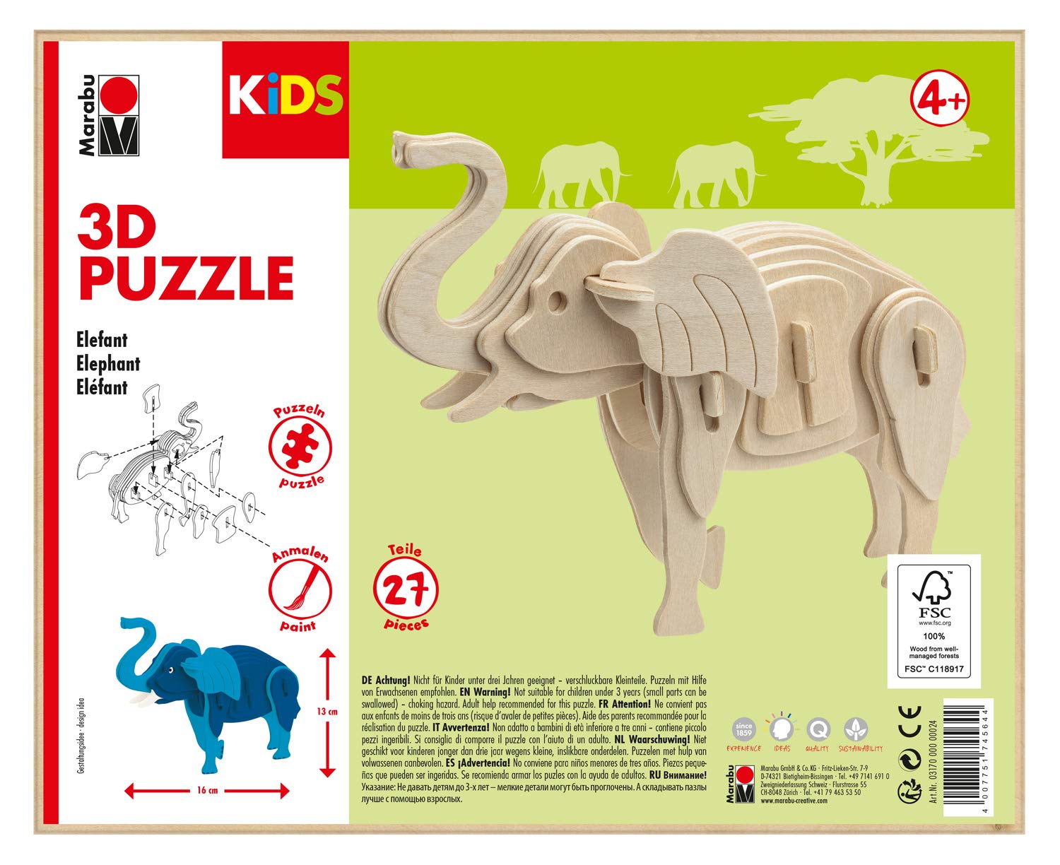 Marabu KiDS 3D 31700000024 Wooden Puzzle Elephant with 27 Puzzle Pieces Made of FSC-Certified Wood Approx. 16 x 13 cm Simple Plug-In Technology for Individual Painting and Design