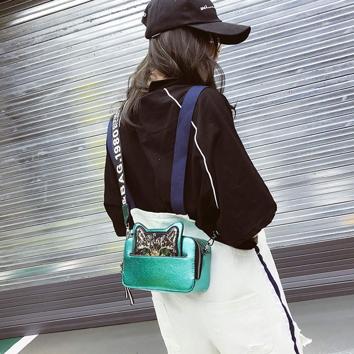 XMRS Cat Crossbody Bag for Women,Sequins PU Leather Shoulder Bag Medium Purse W / Wide Strap