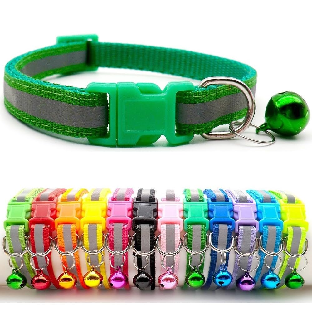Small Dog Puppy Pet Collar Reflective Hi-Vis Strip with Bell Nylon Adjustable Size 19-32cm Green