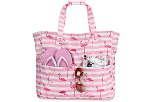 LEDAOU Large Beach Tote Bag Women Waterproof Sandproof Zipper Beach Tote Bag for Pool Gym Grocery Travel with Wet Pocket