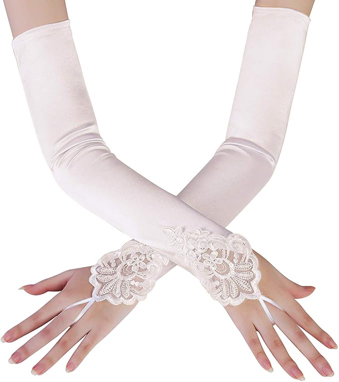 19" Long Satin & Lace Gloves for Women, 1920s Flapper Evening Opera