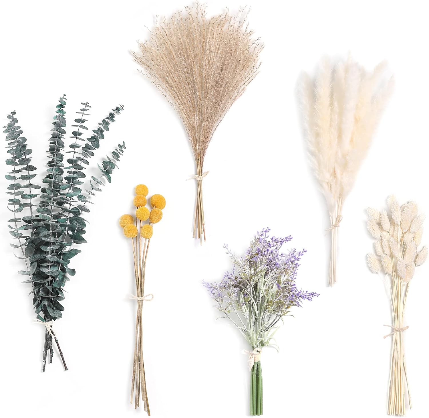 Dried & Preserved Flora - Serra Flora Natural Dried Pampas Eucalyptus Rabbit Tail Grass,(Pack of 66pcs) with 6 Kinds of DIY Bridal Artificial Bouquets Home Decor Wedding Floral Arrangement Table Centerpieces