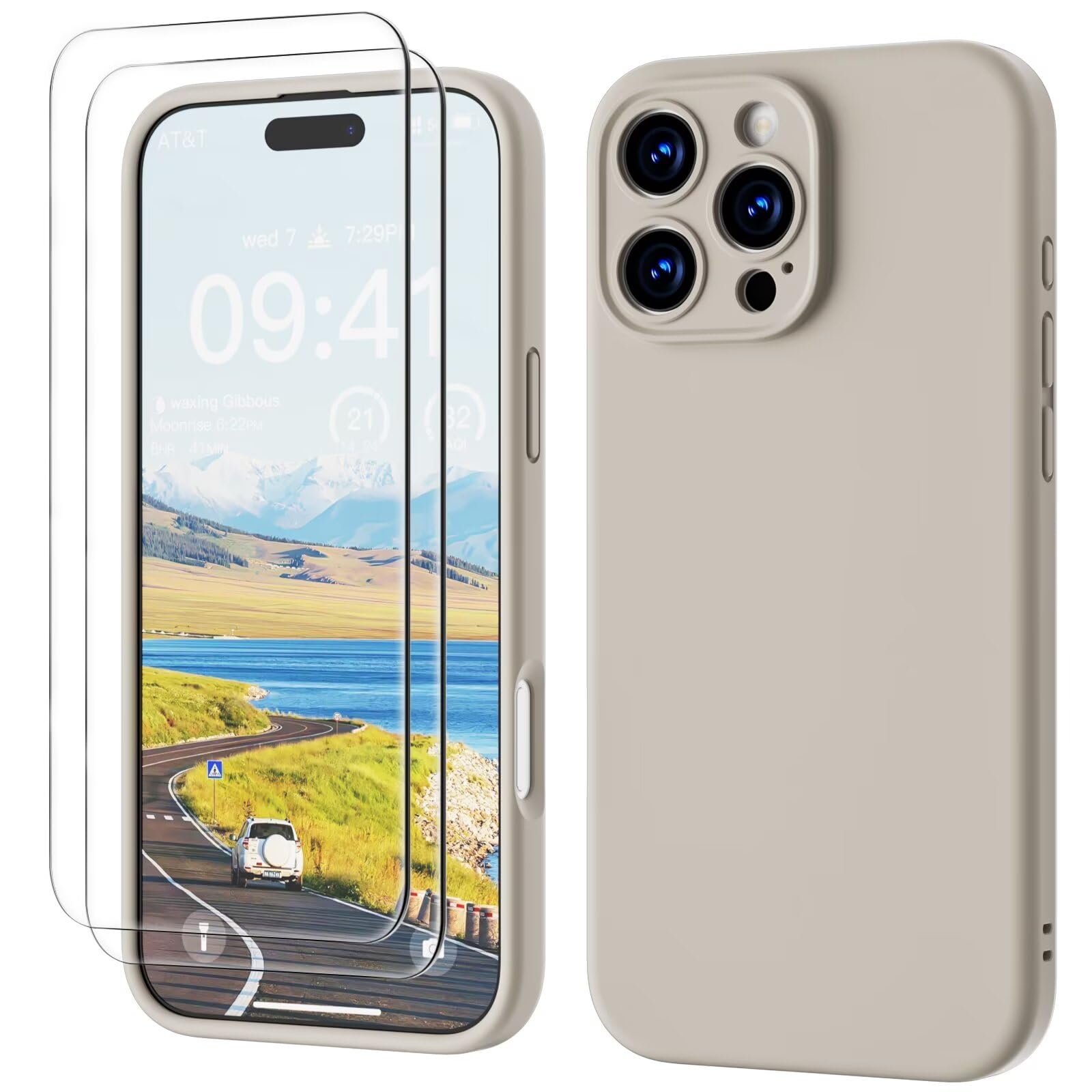 GOODVISH 3 IN 1 for iPhone 16 Pro Max Case 6.9 inch, Upgraded Camera Protection, 2 Pack HD Screen Protector, Liquid Silicone Anti-Scratch Shockproof Gel Rubber Non-Fingerprint Phone Case, Stone Grey